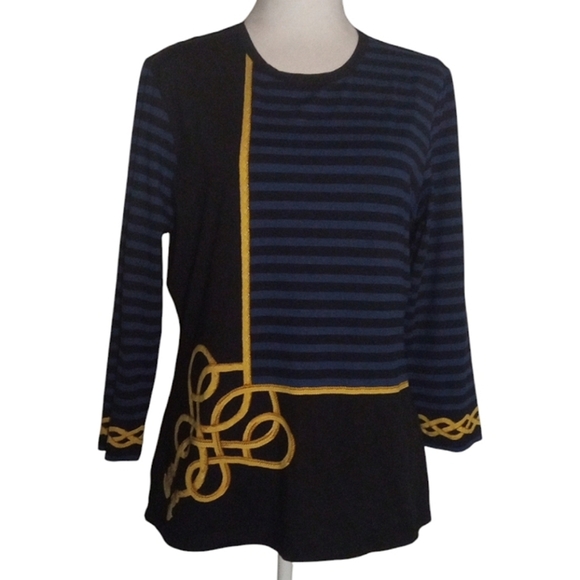 J. McLaughlin Catalina Cloth Nautical Navy Gold Long Sleeve Blouse Size Large - Picture 1 of 8